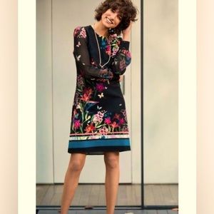 Next Women's Black Floral Green Border Print Sheer Sleeve Dress